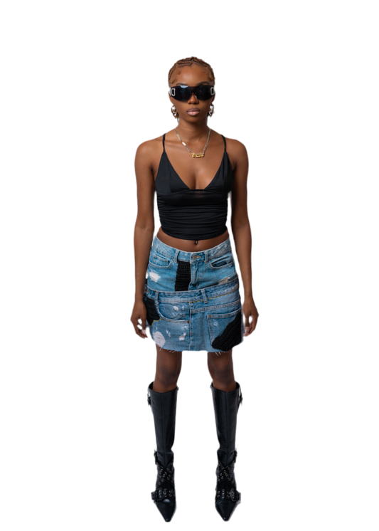 Upcycled Denim Mini Skirt with Crochet Details