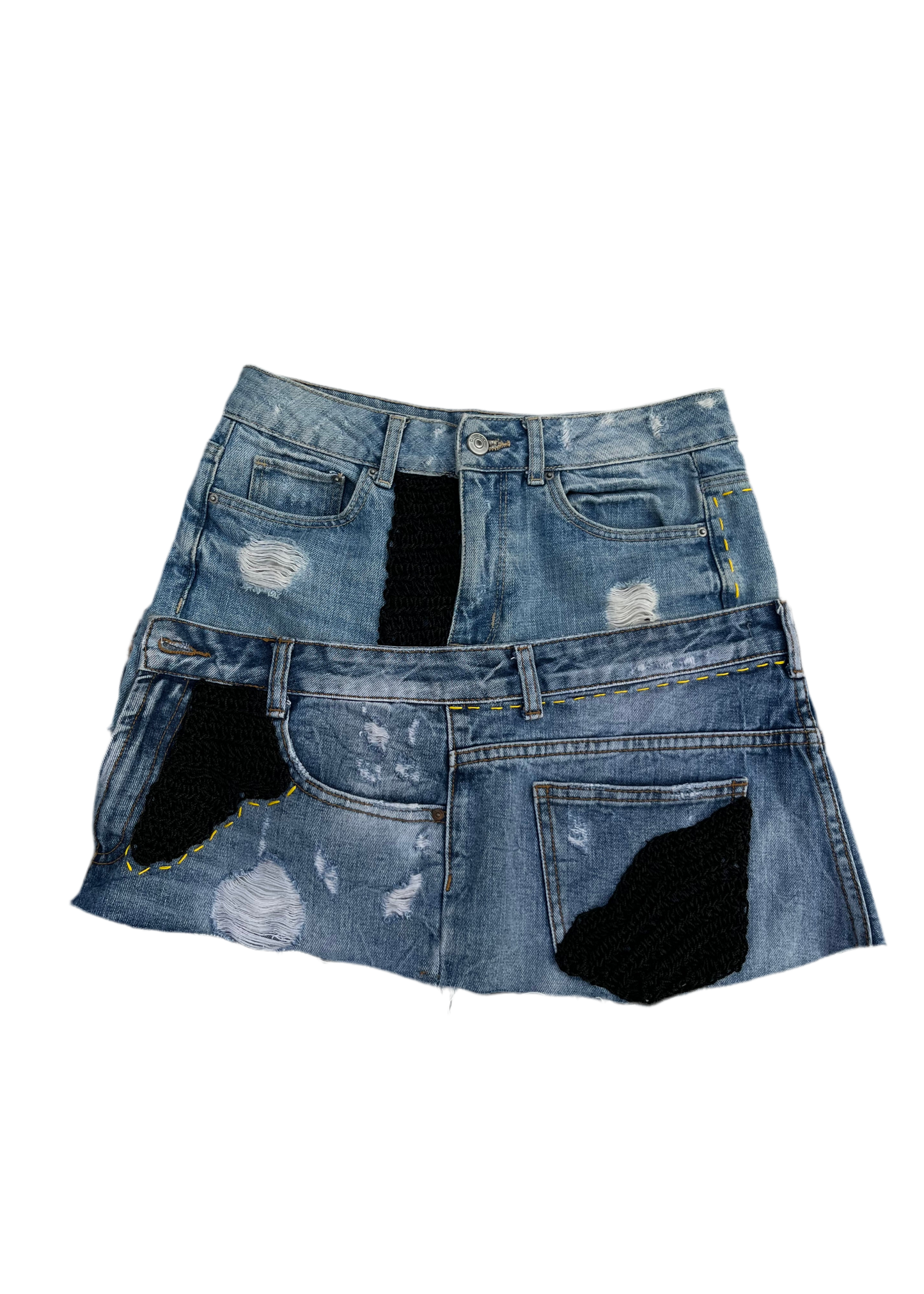 Upcycled Denim Mini Skirt with Crochet Details